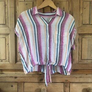 Rails Small Stripe Tie‎ Front Blouse Striped Crop Shirt Collared Pastel Linen